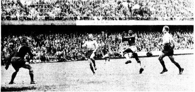 Pele, the 18-year-old prodigy of the 1958 World Cup, leaps before heading in a goal in the final against Sweden. 