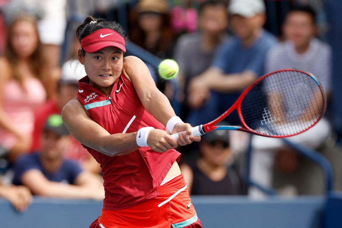 Yafan Wang of China returns a shot against Caroline Garcia of France during their Women’s Singles First Round match on Day Two of the 2023 US Open at the Flushing Meadows.