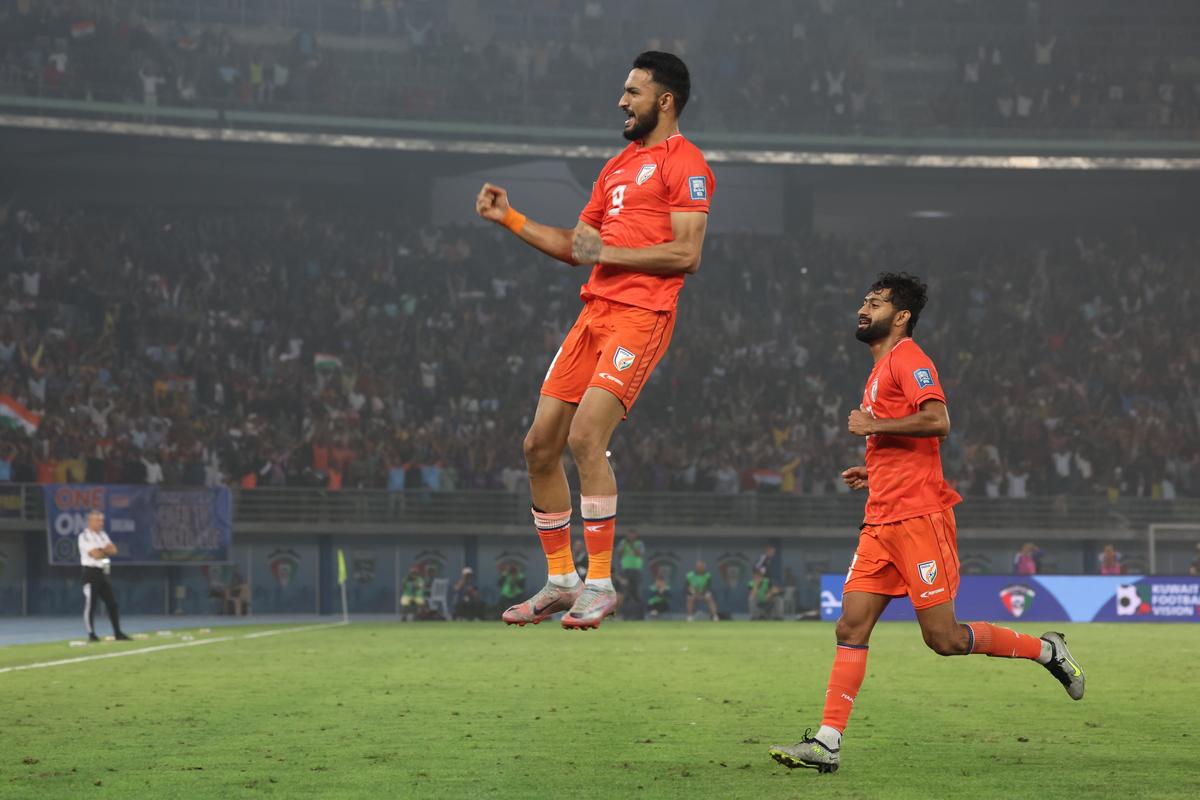 Manvir Singh celebrates scoring the winning goal against Kuwait in their World Cup qualifying game.