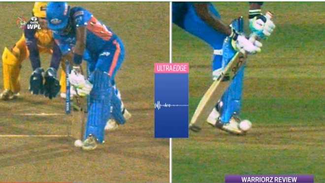 This was the first angle made available to the third umpire which showed a spike when the ball went close to the Hayley Matthews’ left toe. 