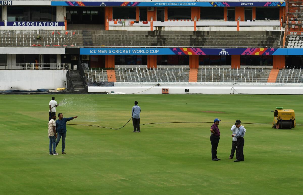 Preparation work underway at the Rajiv Gandhi International Stadium in Hyderabad on Thursday. 