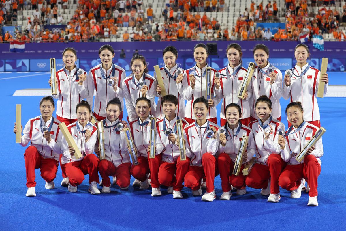 Silver medalist, Team People’s Republic of China, poses during the Women’s Hockey medal ceremony at the 2024 Paris Olympic Games.