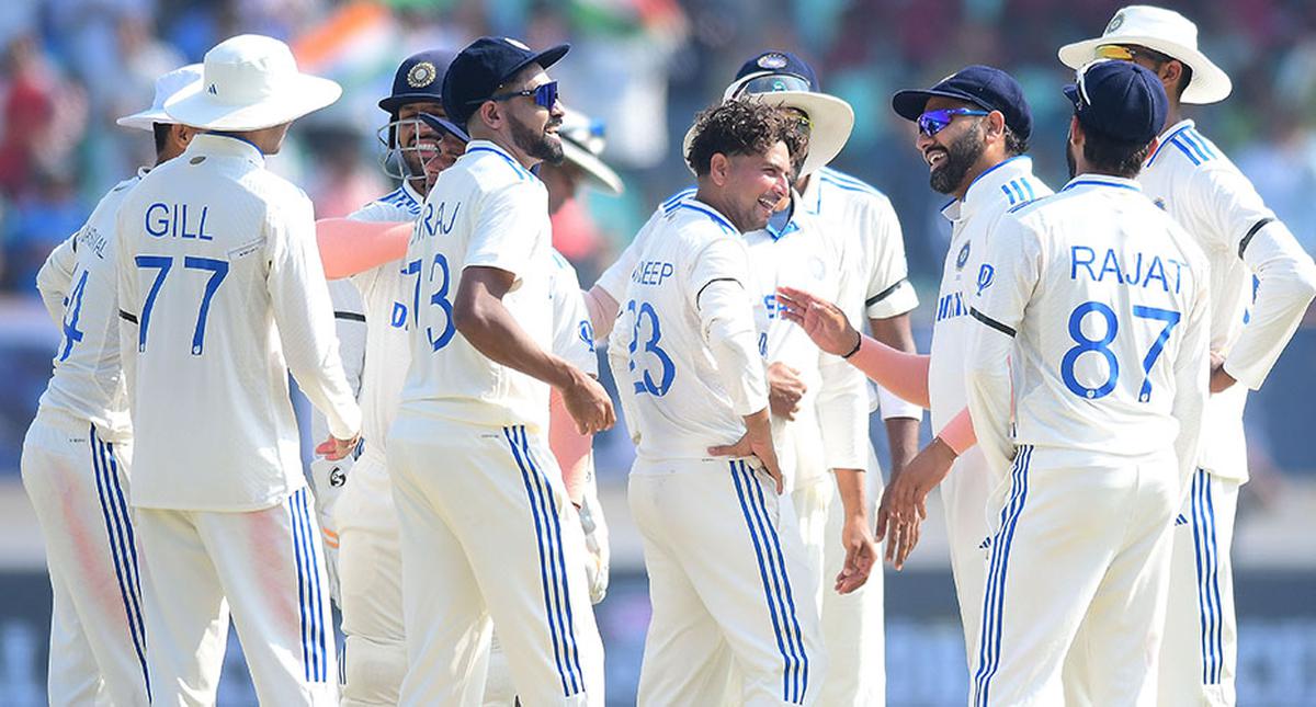 Kuldeep Yadav and India players celebrates the wicket of England’s Ben Duckett.