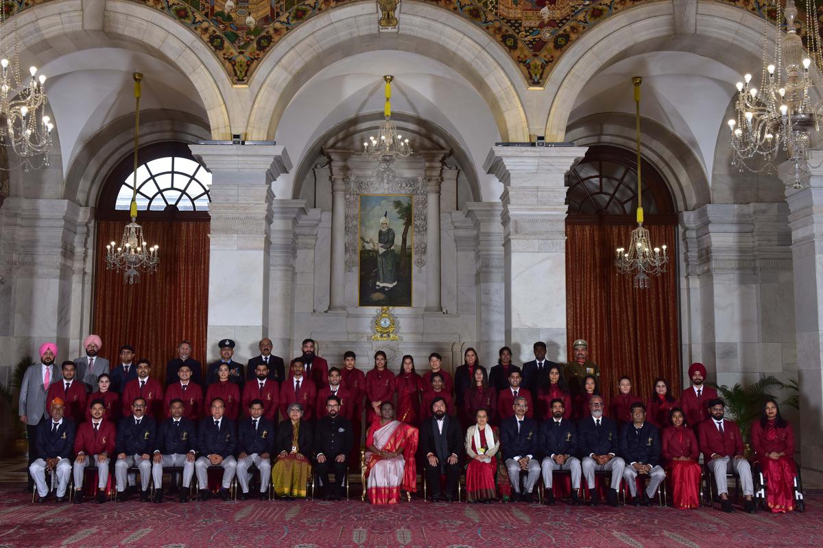 Athletes posing with the President of India Droupadi Murmu after the Sports and Adventure Awards 2023 at the Rashtrapati Bhavan in New Delhi on Tuesday.