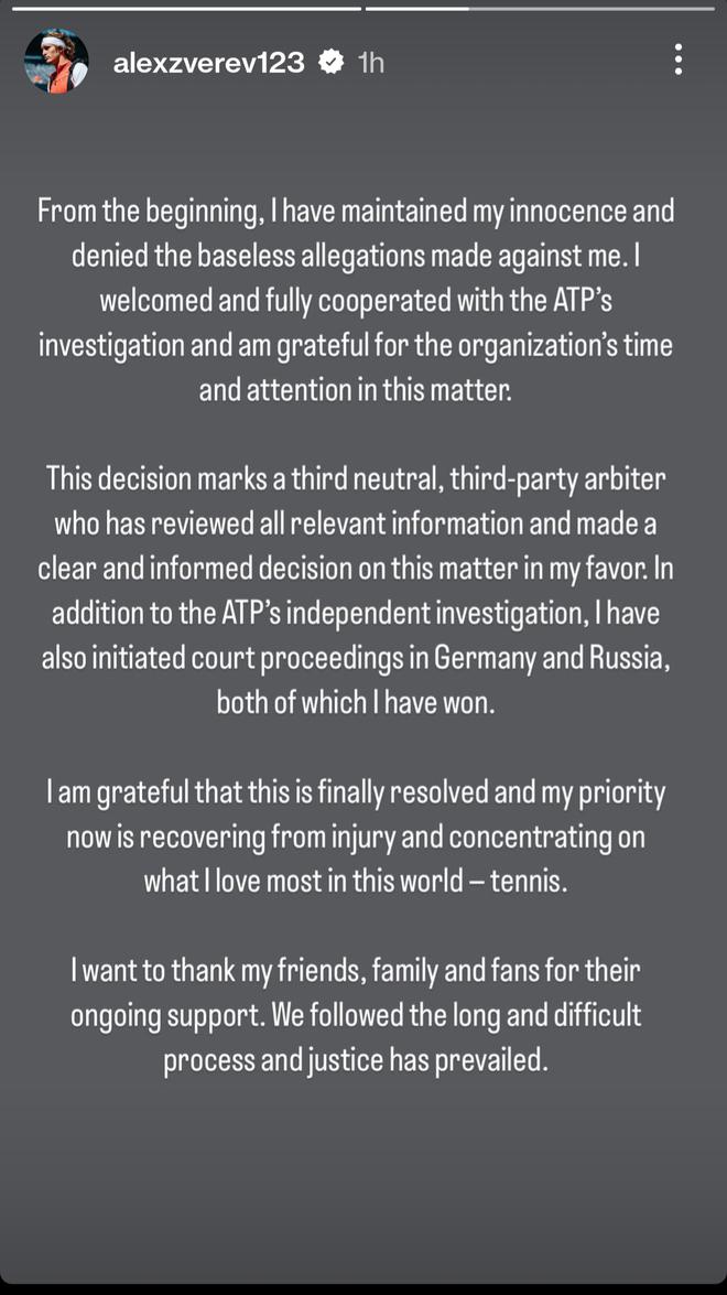 Alexander Zverev’s statement on ATP’s investigation.