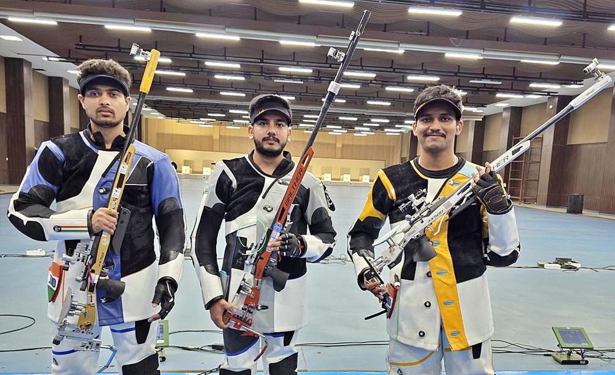 Swapnil Kusale, topper Aishwary Pratap Singh Tomar, Rudrankksh Patil in the rifle 3-position event in the National shooting selection trials in Bhopal on Monday.