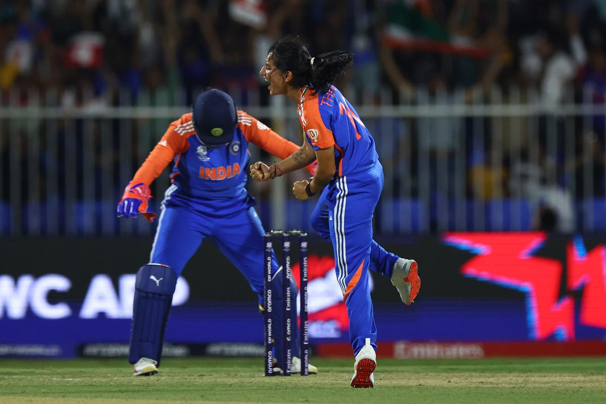 Sweet early success: Renuka Singh of India celebrates taking the wicket of Georgia Wareham of Australia during the ICC Women’s T20 World Cup 2024 match.