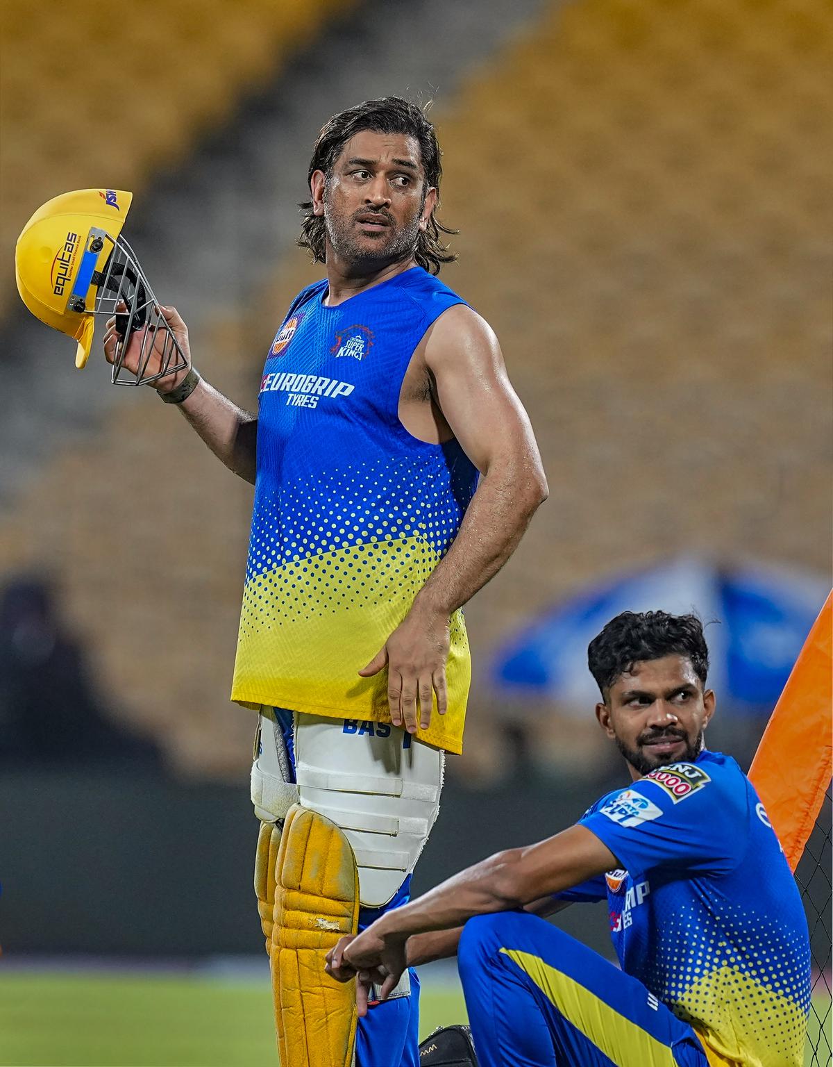 Gaikwad with Dhoni during a training session ahead of the match between Chennai Super Kings and Royal Challengers Bengaluru, at MA Chidambaram Stadium, in Chennai.