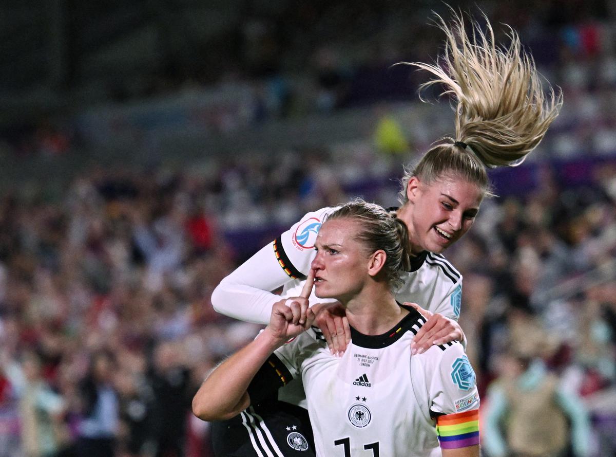Germany’s Alexandra Popp celebrates scoring their second goal during the Women’s Euro 2022 quarterfinal against Austria.   