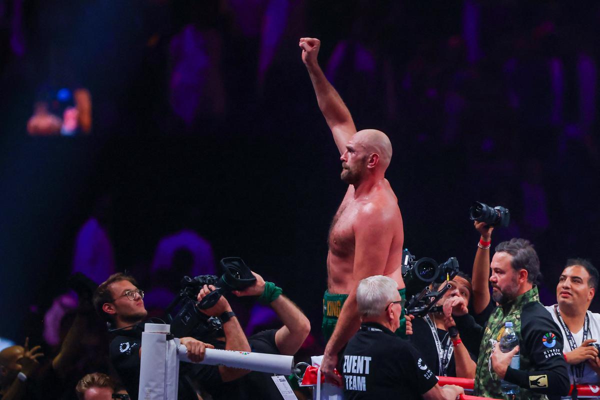 Britain’s Tyson Fury reacts after defeating Cameroonian-French Francis Ngannou during their heavyweight boxing match in Riyadh. 