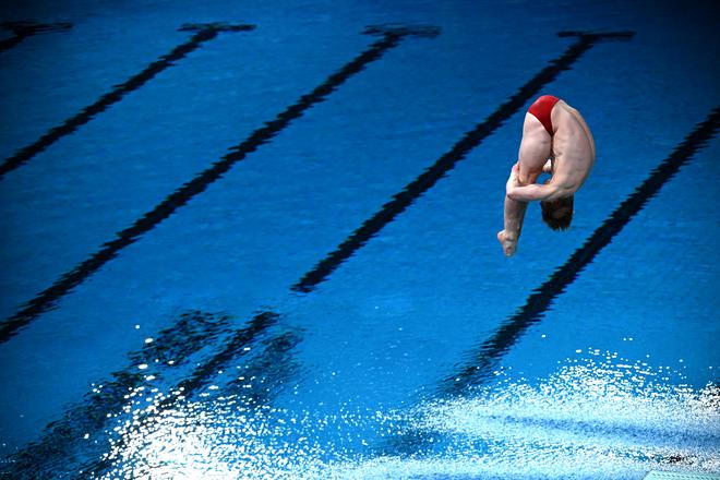Jack Laugher of England competes during the men’s 1m springboard diving final on Thursday. 