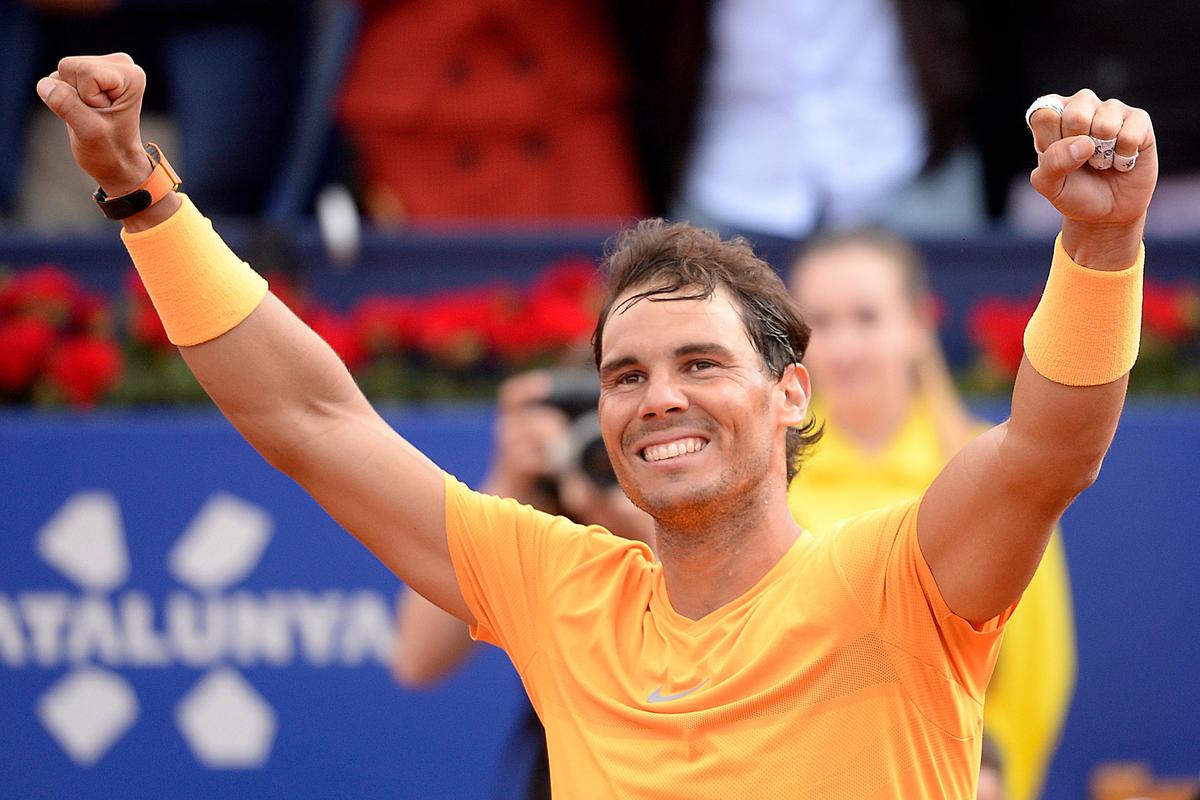 Nadal celebrates after beating Stefanos Tsitsipas in the final of the Barcelona Open in 2018.