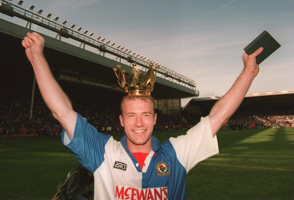 Blackburn’s Alan Shearer celebrating winning the Premier League title at Anfield.