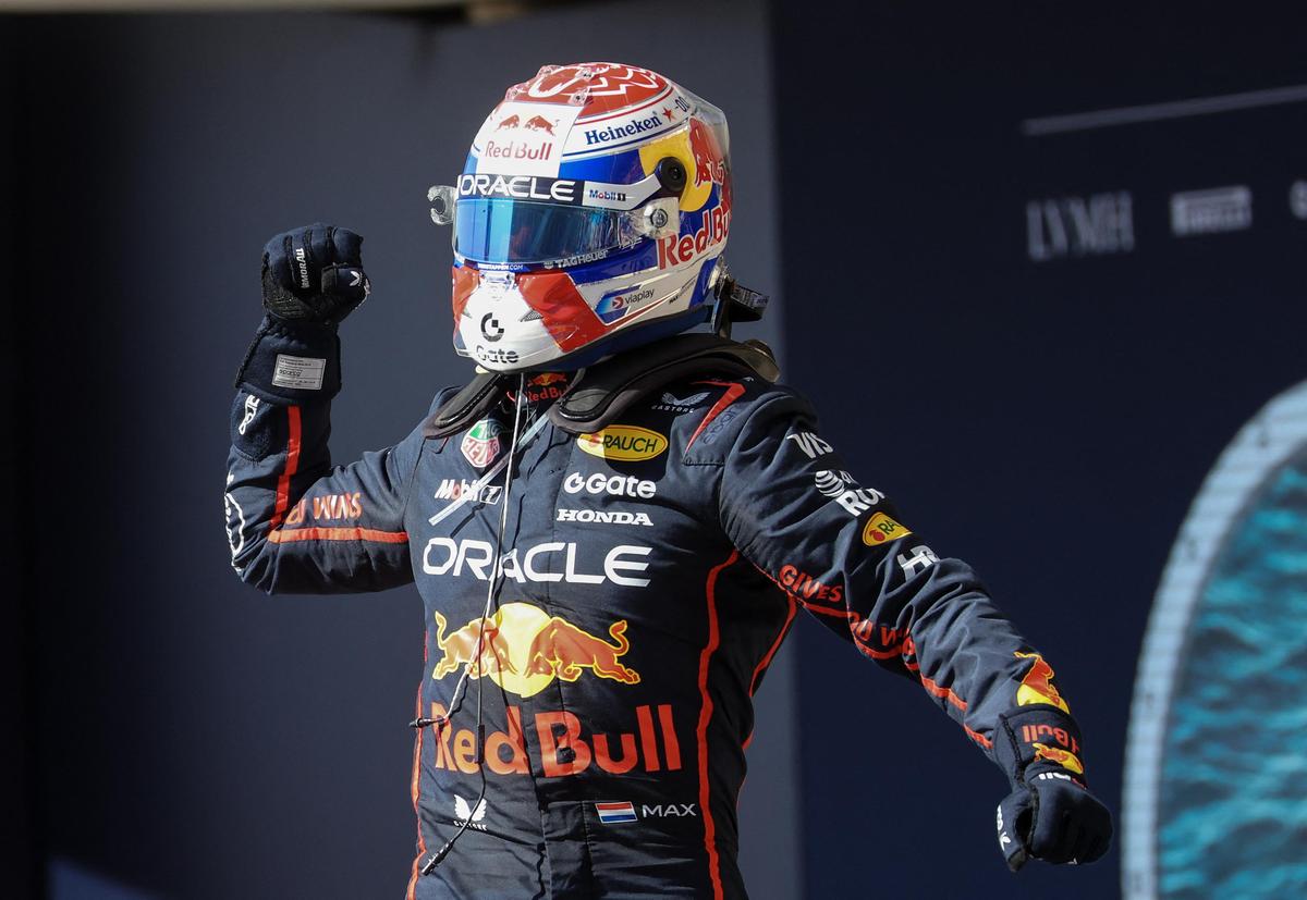 Max Verstappen celebrates after winning the US Grand Prix. 