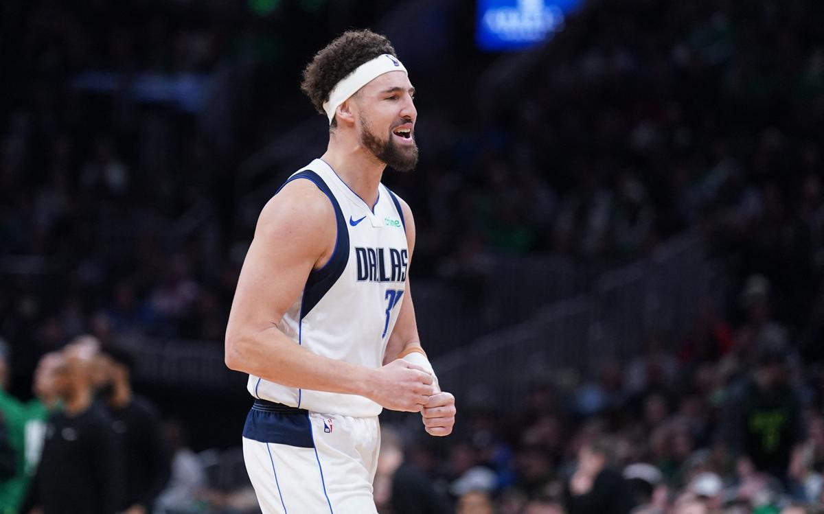 Dallas Mavericks guard Klay Thompson (31) reacts after a play against the Boston Celtics in the second half at TD Garden.