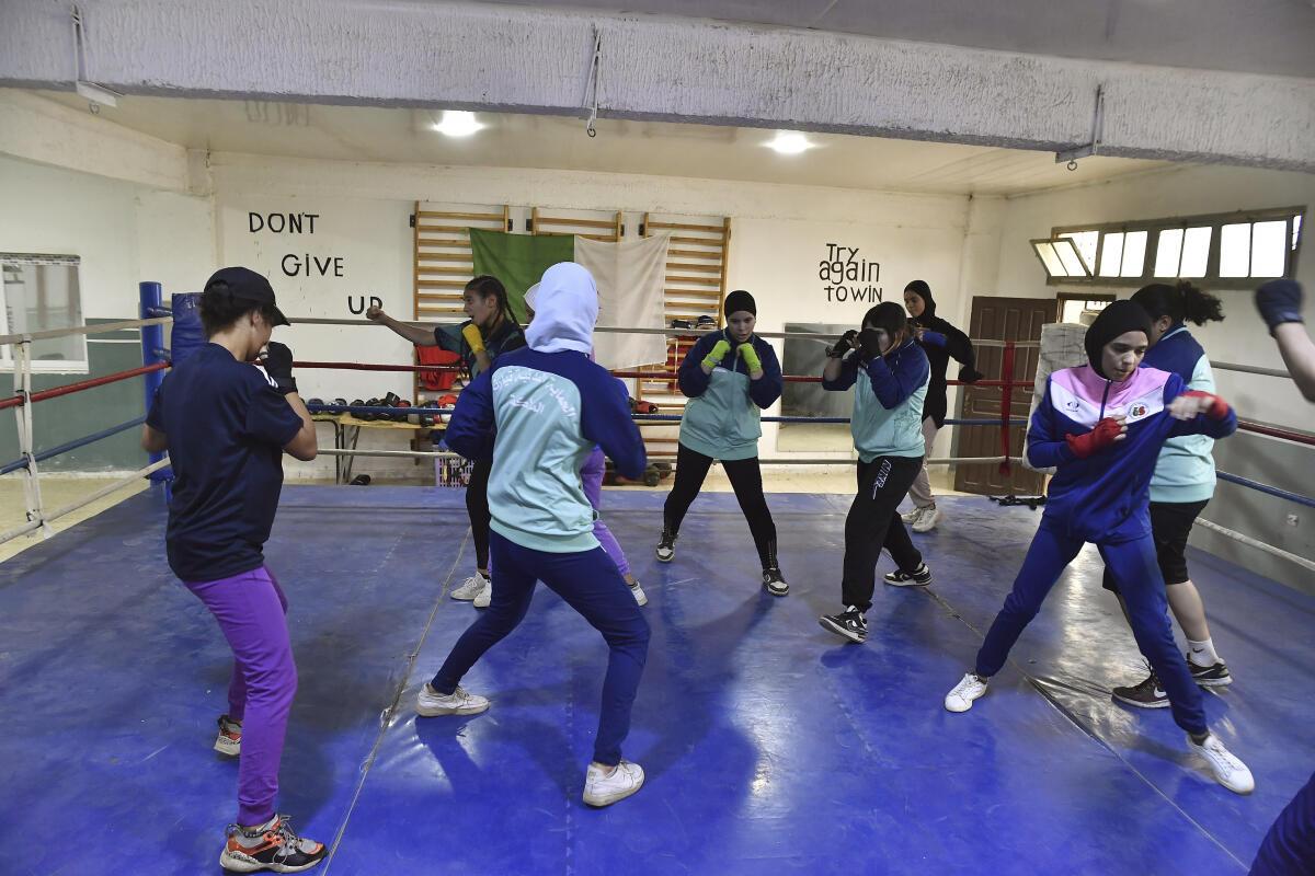 Girls train at Ahmed Qayed school, where Olympic boxer Imane Khelif trained as a youngster, in Tiaret, Algeria