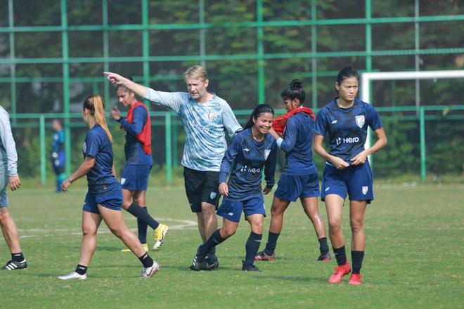 India U-17 Women’s Football team coach Thomas Denner during a training session. 