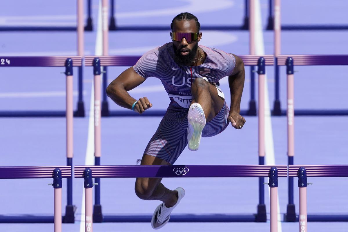 Freddie Crittenden, of the United States, competes in a men’s 110 meters hurdles round 1 heat at the 2024 Summer Olympics, Sunday, Aug. 4, 2024, in Saint-Denis, France. 