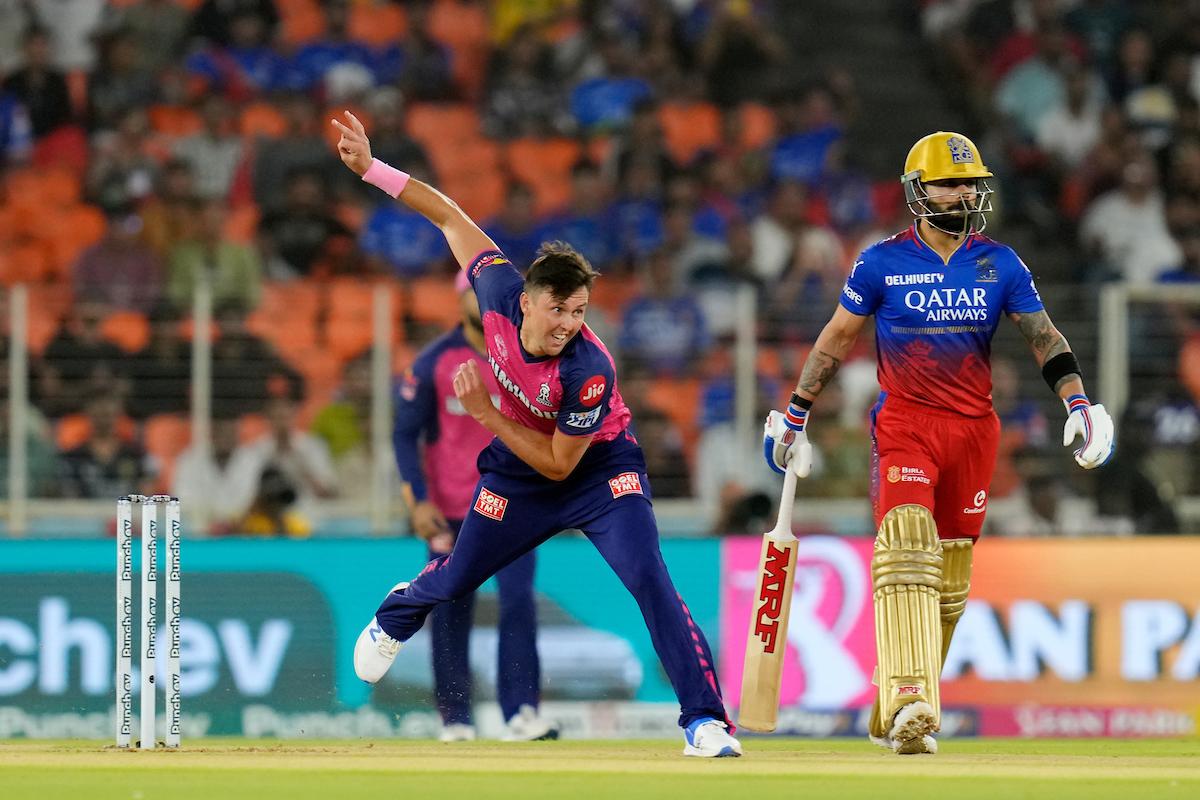 Trent Boult of Rajasthan Royals in action during the Eliminator against Royal Challengers Bengaluru. 