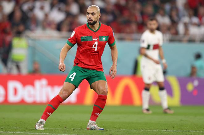 Sofyan Amrabat of Morocco during the FIFA World Cup Qatar 2022 quarter final match between Morocco and Portugal at Al Thumama Stadium.