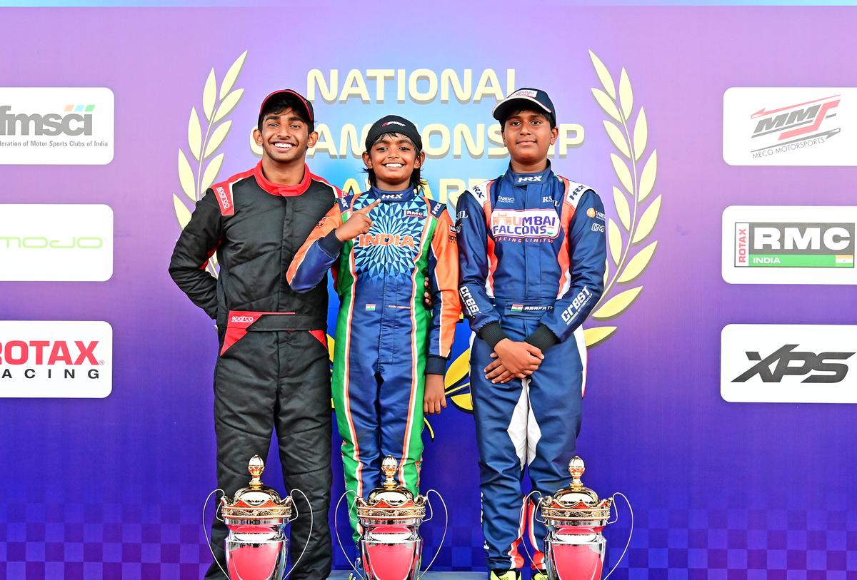 The National Karting champions (L-R): Ruhaan Alva (Bengaluru, Senior Max), Rivaan Dev Preetham (Chennai, Micro Max) and Arafath Sheikh (Pune, Junior Max)