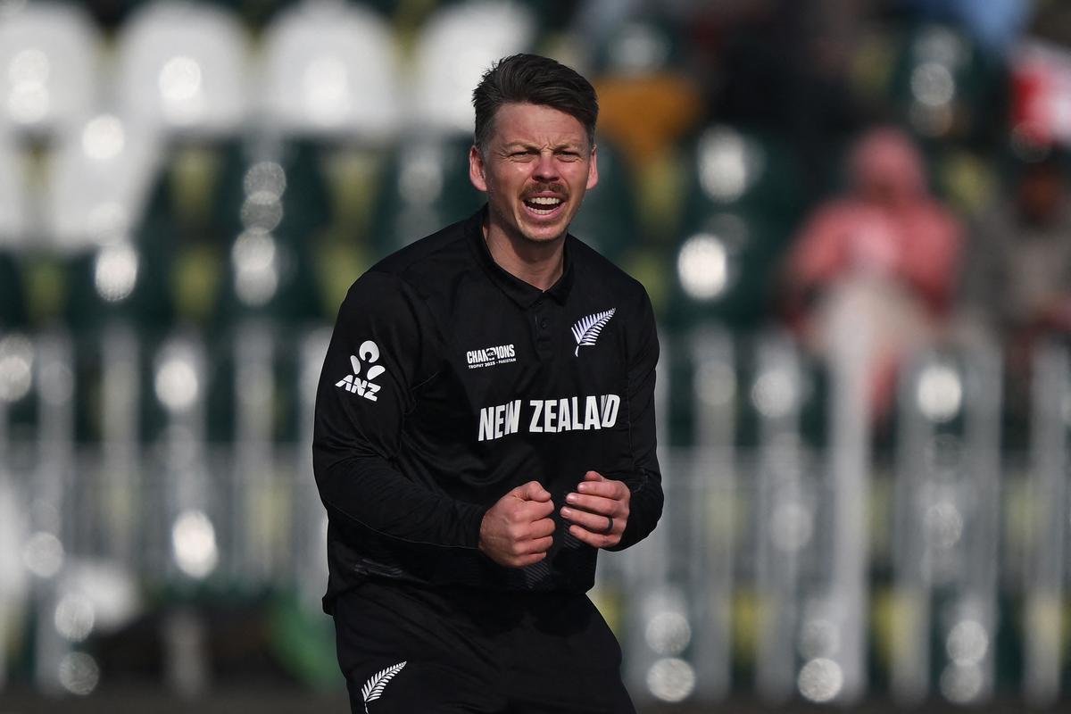 FILE PHOTO: Michael Bracewell celebrates a wicket against Bangladesh in the 2025 Champions Trophy