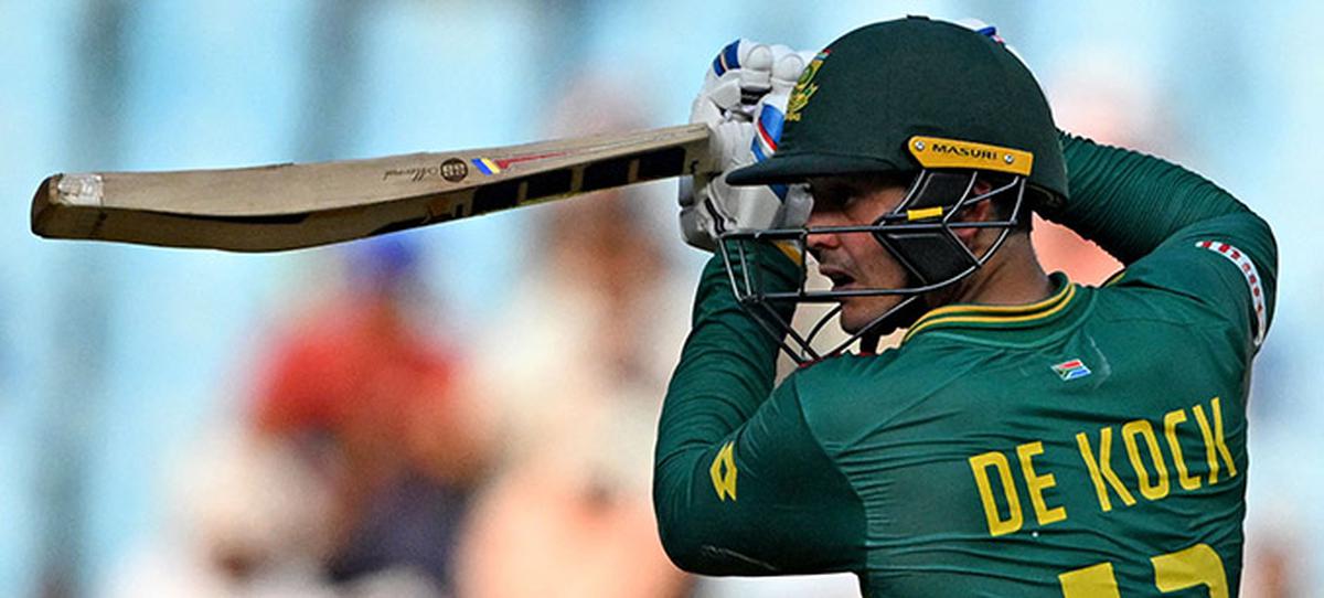 South Africa’s Quinton de Kock plays a shot during the 2023 ICC Men’s Cricket World Cup one-day international (ODI) match between Australia and South Africa at the Ekana Cricket Stadium in Lucknow on October 12, 2023.