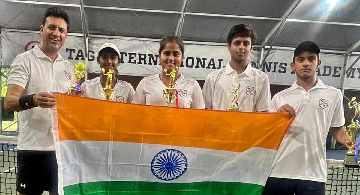 The champion Indian team at the Asia-Oceania IC Rod Laver Junior Challenge in Singapore on Thursday. From left, Captain
Vikram Anand, Rishitha Basireddy, Sohini Mohanty, Samarth Sahita,
Aradhya Kshitij.