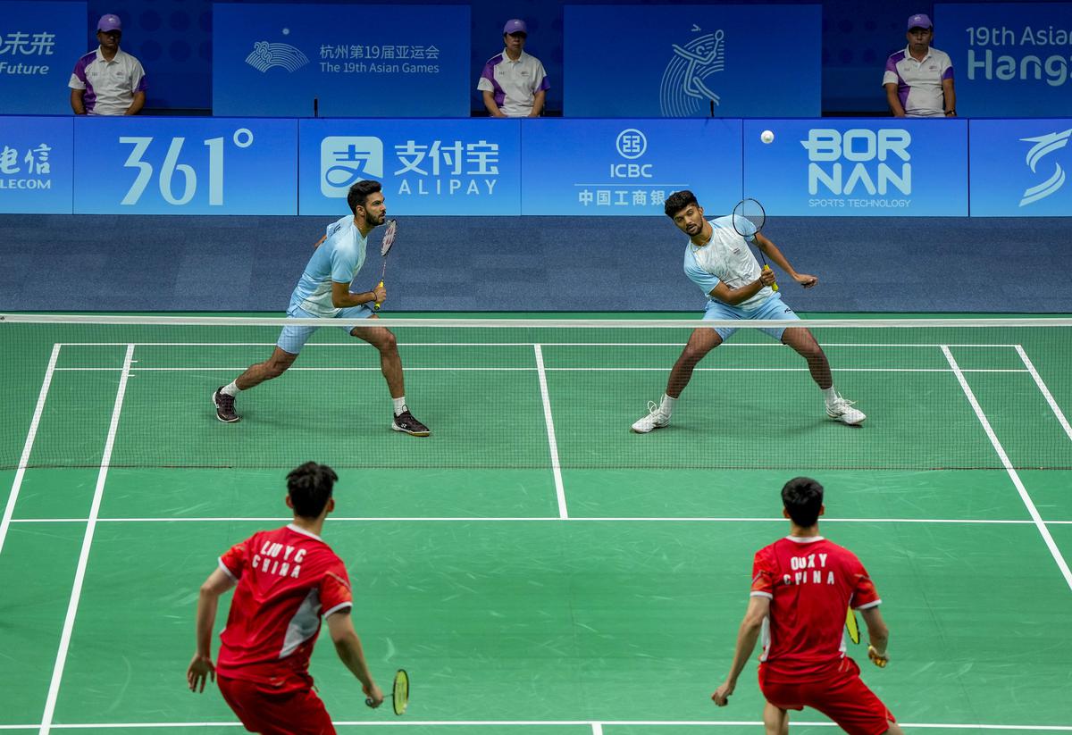 Hangzhou: India’s Dhruv Kapila and Sai Pratheek Krishnaprasad during their match against China’s Liu Yuchen and Ou Xuanyi in the final of Men’s Team badminton event at the 19th Asian Games, in Hangzhou, China.