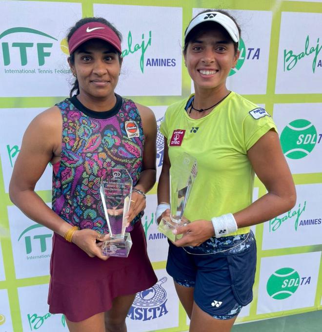 Photo of Doubles champions Prarthana Thombare and Ankita Raina at the $25,000 ITF women's tennis tournament in Solapur on Saturday. 