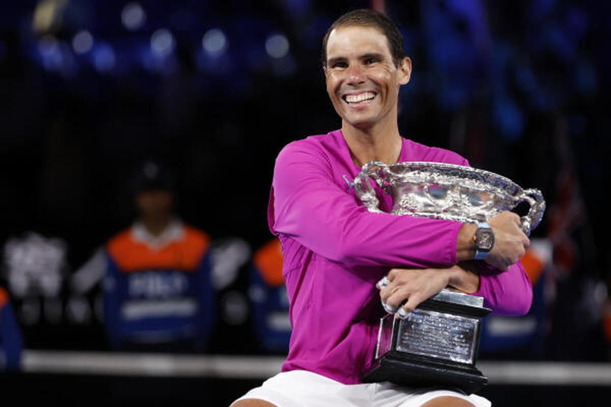 Nadal after winning the 2022 Australian Open, his second title after a 13-year gap. 