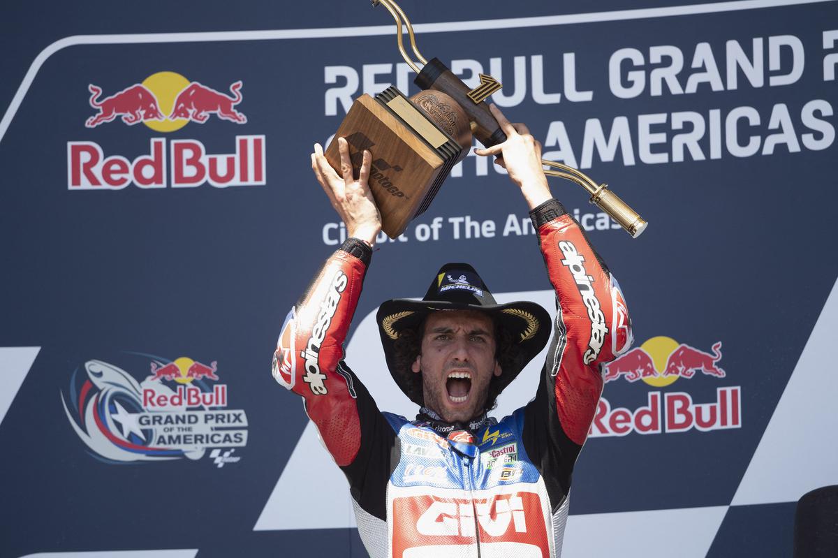 FILE PHOTO: Alex Rins of Spain and LCR Honda Castrol celebrates the victory on the podium at the end of the MotoGP race during the MotoGP Of The Americas - Race on April 16, 2023 in Austin, Texas. 