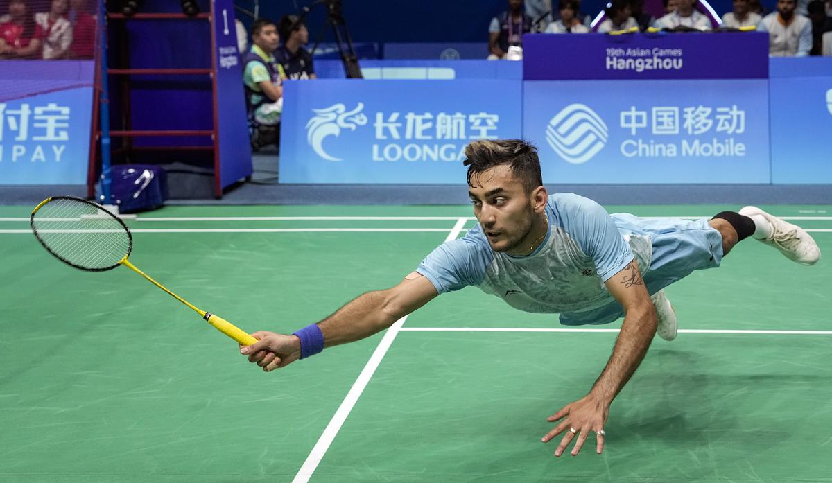 India’s Lakshya Sen during the Men’s Team Gold Medal badminton match against China’s Shi Yuqi at the 19th Asian Games, in Hangzhou, China.