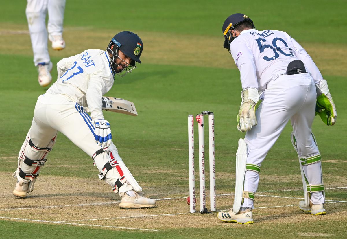 Patidar watching his bail fall, bowled out by England’s Rehan Ahmed during the first day of the second Test cricket match between India and England in Visakhapatnam.