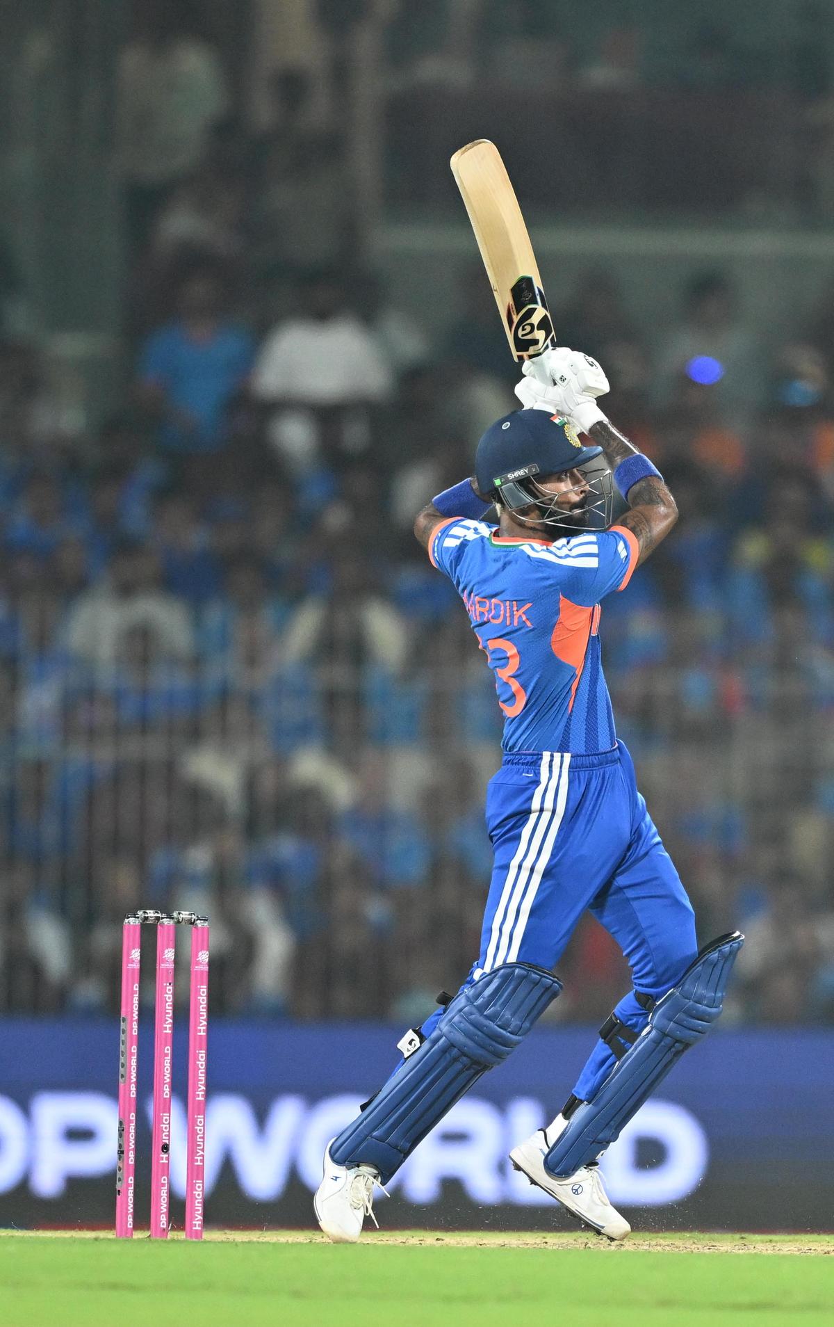 Hardik Pandya hit a 23-ball 50, which included four sixes and two fours, in what was a crucial knock to help India to a mammoth total of 256.