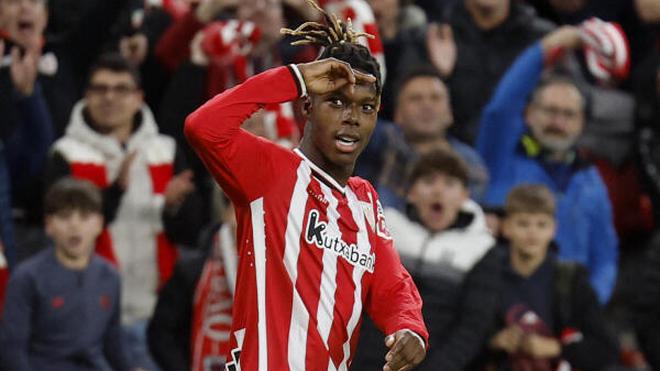 Athletic Bilbao’s Nico Williams celebrates after scoring a goal during the 2-0 win over Atletico Madrid in La Liga on Saturday. | Photo Credit: REUTERS