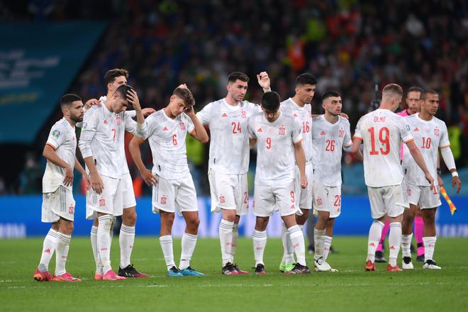 Spain players react during the penalty shoot-out during the UEFA Euro 2020 Championship semifinal against Italy at Wembley Stadium. 