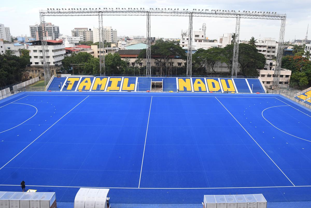 A view of the Mayor Radhakrishnan Hockey Stadium, Egmore, ahead of the Asian Championship Trophy.