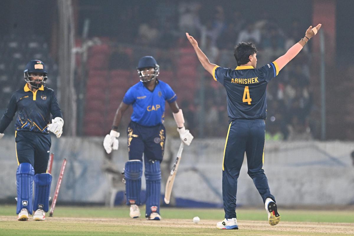 Abhishek Sharma celebrates after dismissing Pondicherry batter Jashwanth Shreeram.