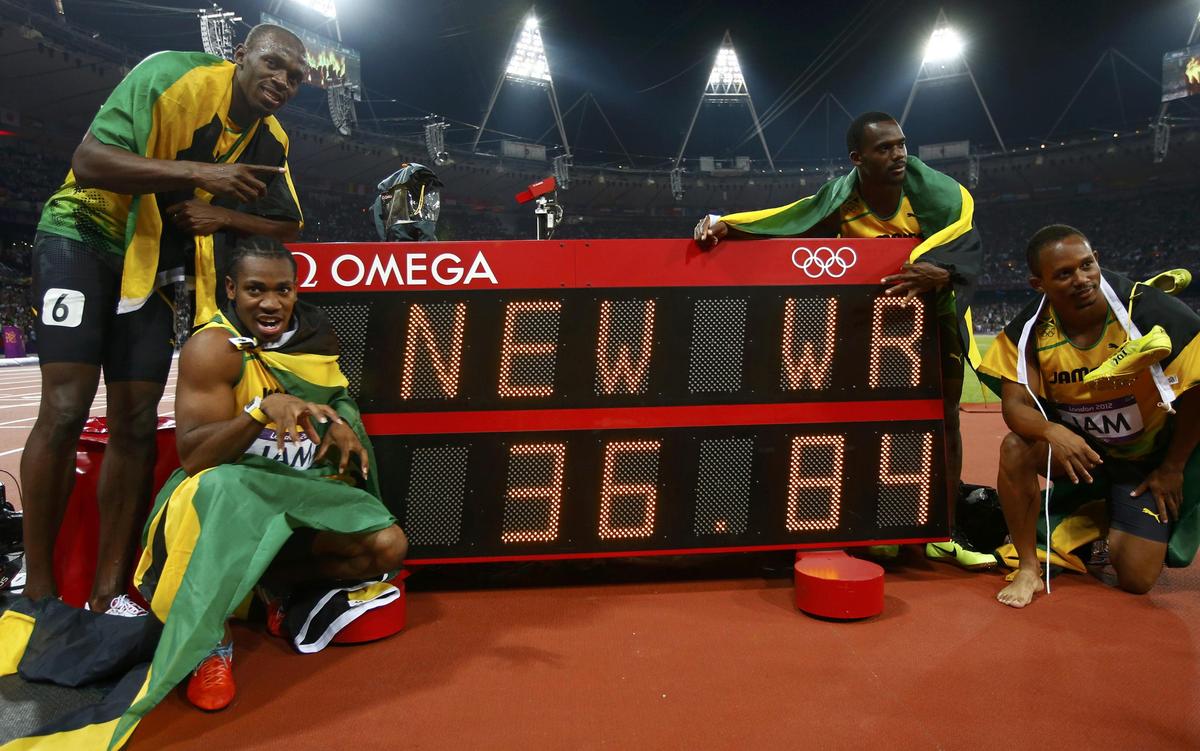 Jamaica’s Usain Bolt (top left), Yohan Blake (bottom left), Nesta Carter (top right) and Michael Frater (bottom right) set a new world record of 36.84s in men’s 4x100m relay during the London Olympics.