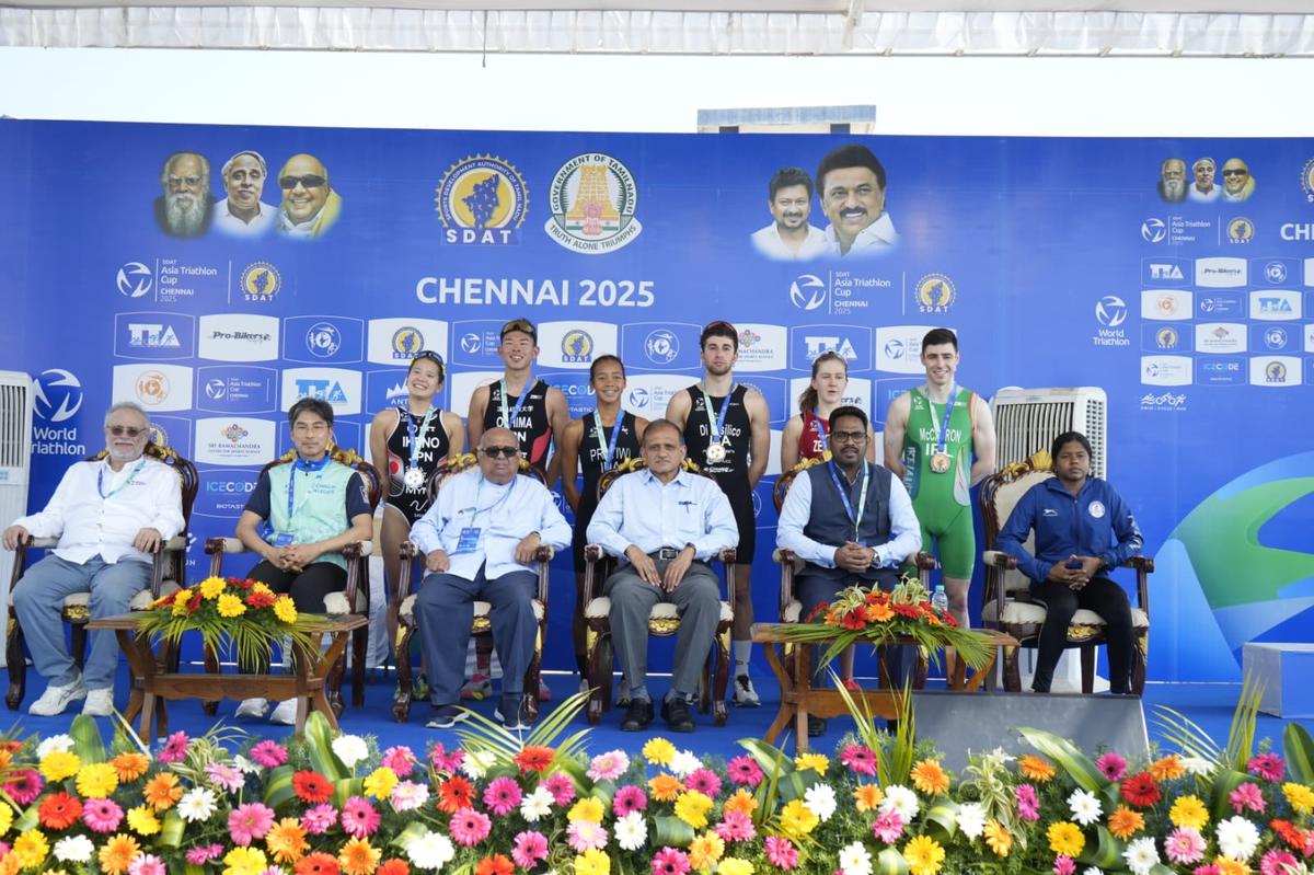 SDAT Asia Triathlon Cup medallists at INS Adyar in Chennai on Sunday.