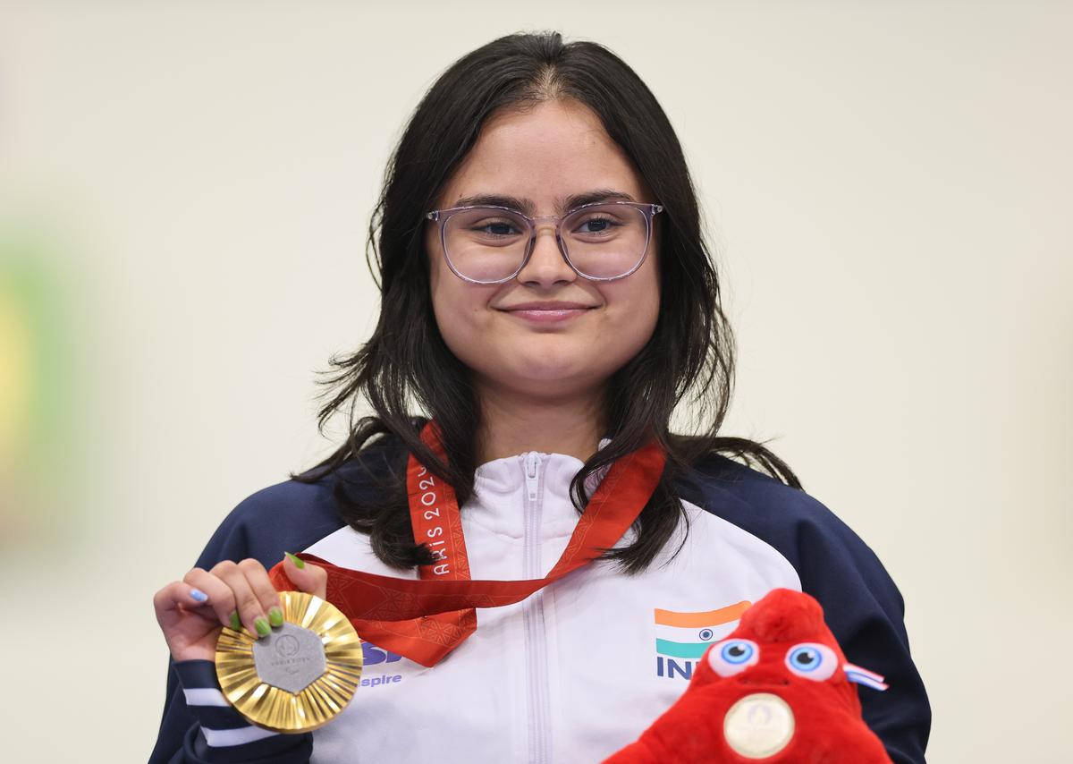 Gold medallist Avani Lekhara of Team India poses on the podium during the medal ceremony after Women’s 10m Air Rifle Standing SH1 Final on day two of the Paris 2024 Summer Paralympic Games.