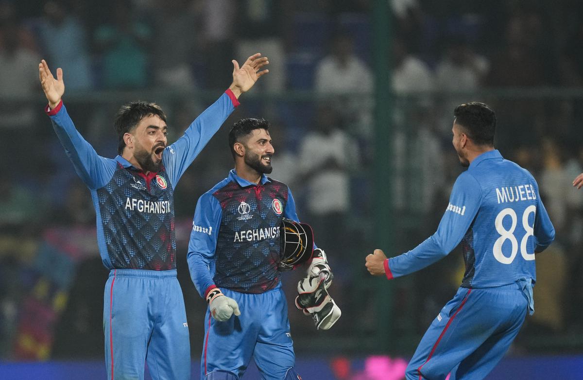 Afghanistan’s Rashid Khan with teammates celebrates the wicket of England’s Mark Wood during the ICC Men’s Cricket World Cup 2023 match between Afghanistan and England, at Arun Jaitley Stadium in New Delhi.