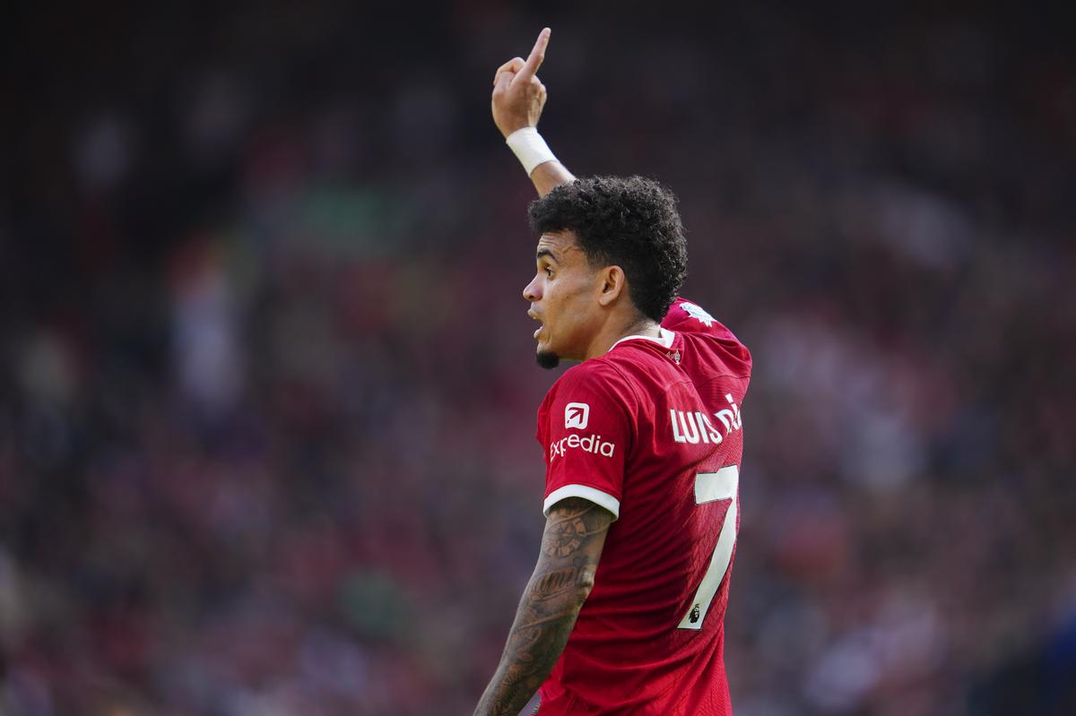 Liverpool’s Luis Diaz gestures during an English Premier League match. 