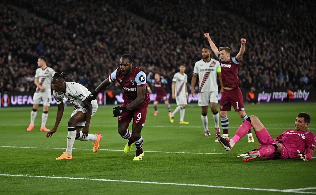 West Ham United’s Michail Antonio celebrates scoring a goal against Leverkusen.