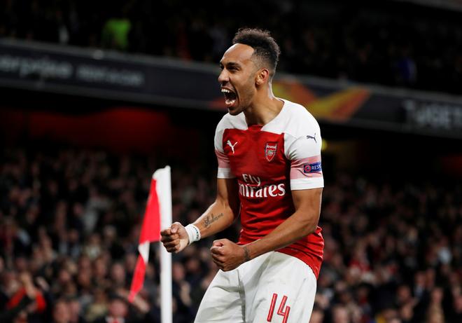 Arsenal’s Pierre-Emerick Aubameyang celebrates scoring for the Gunners.