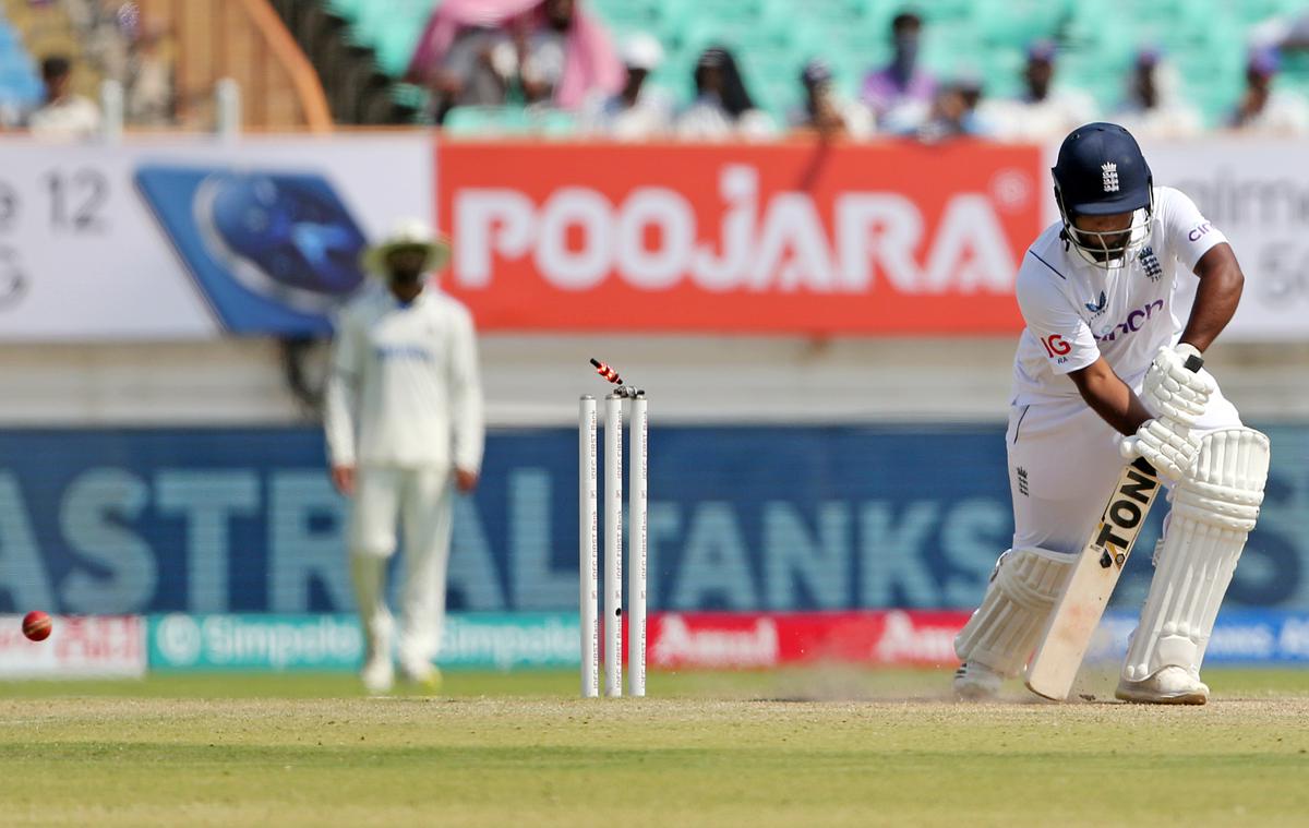 In the block-hole: Rehan Ahmed bowled through a yorker by Siraj in the third Test between India and England at the Niranjan Shah Stadium.