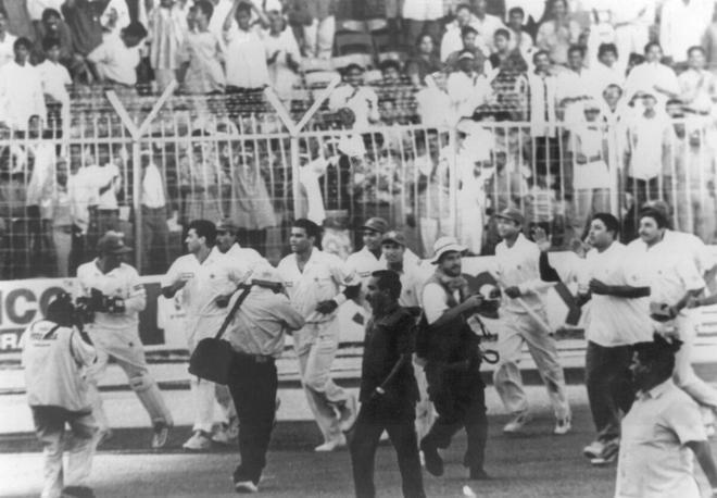 Jubilant Pakistani cricketers at a victory lab after defeating India by 12 runs in the first test cricket match at Chidambaram stadium in Chennai on January 31, 1999. 