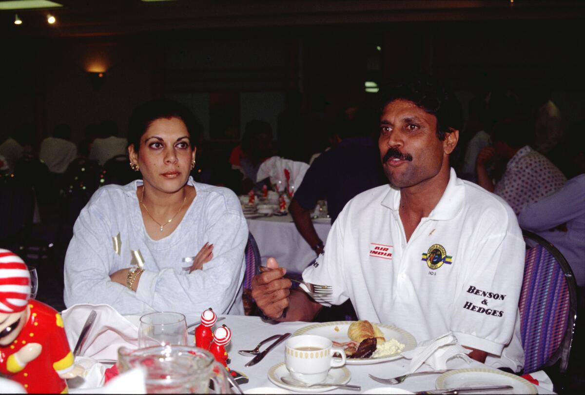 Indian all-rounder Kapil Dev with his wife Romi Dev, at a party organised by Air India, official sponsors of Indian cricket team, in Durban, South Africa on December 18, 1992. The Nadars became close friends with Kapil Dev and his family over the years. 