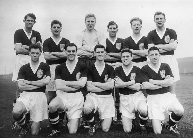 The Scotland football team set to take part in the World Cup in Sweden, 13th May 1958, featuring Robert Young Collins (front row centre).
